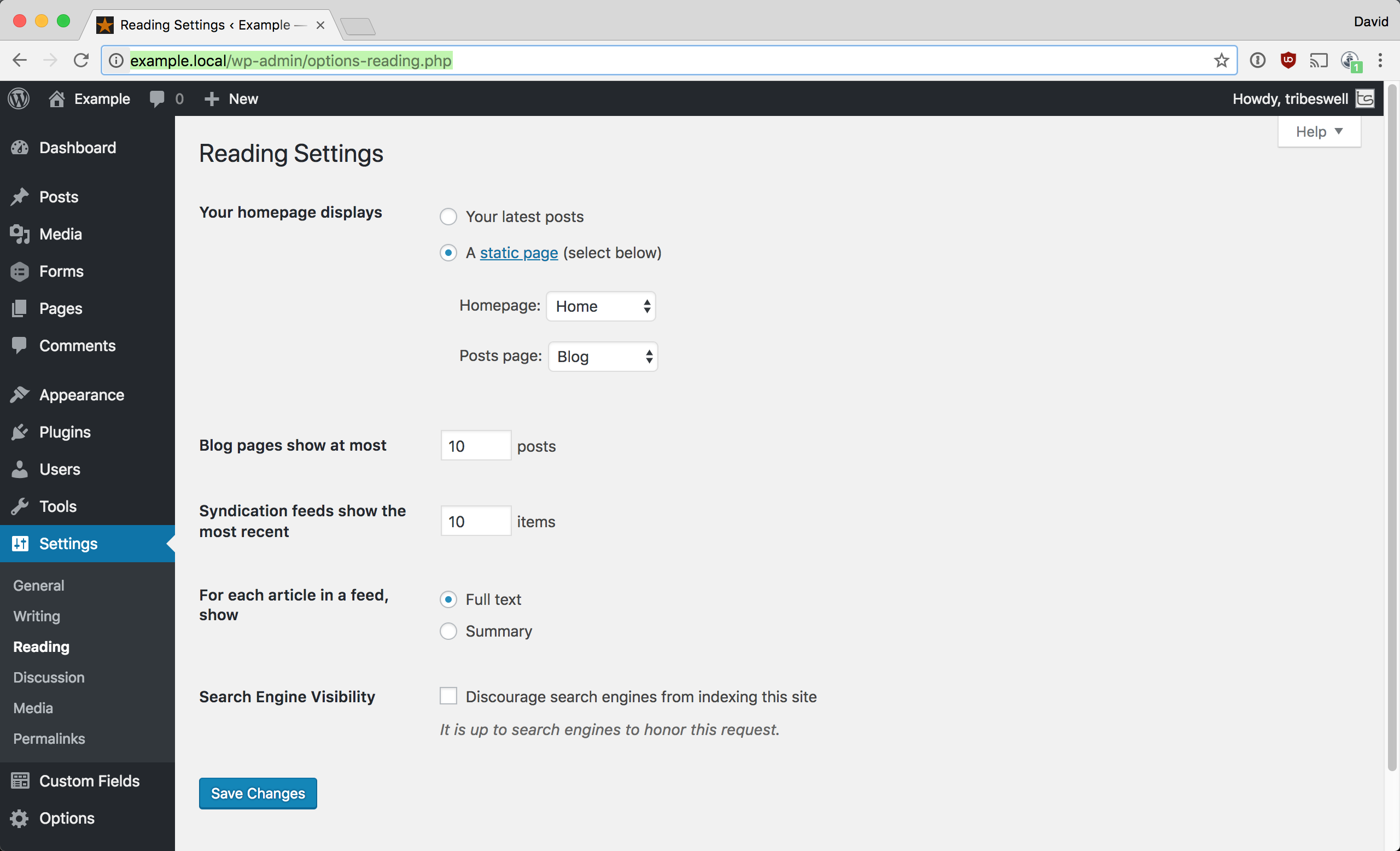 WordPress Reading Settings